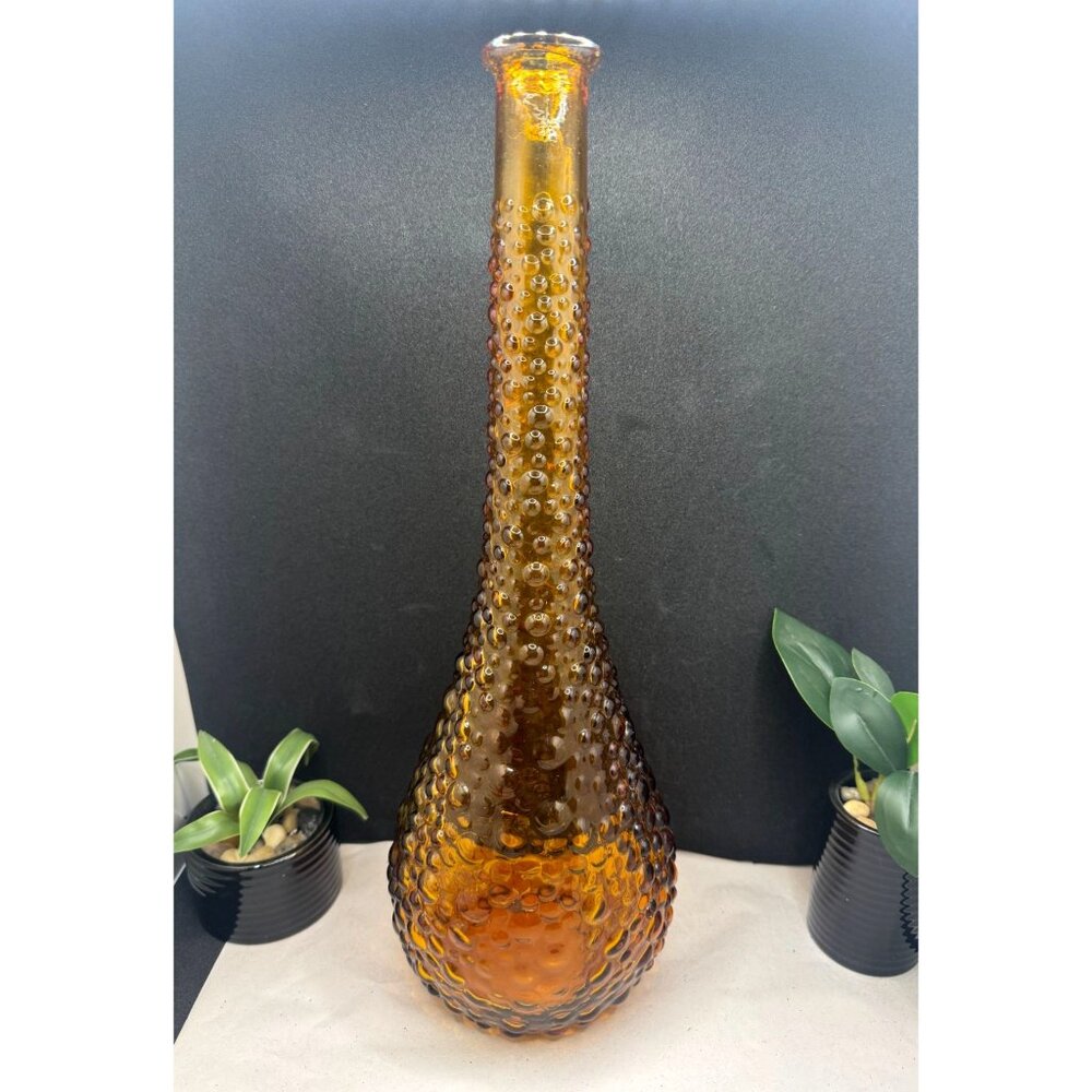 Vintage Empoli Amber Hobnail Bubble Glass Genie Bottle Decanter MCM No Stopper